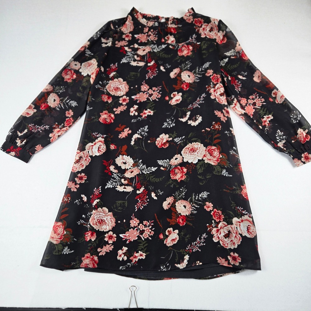 Loft Outlet Floral Shift Dress Womens 6 Black Ruffle Neck Long Sleeve (D10)